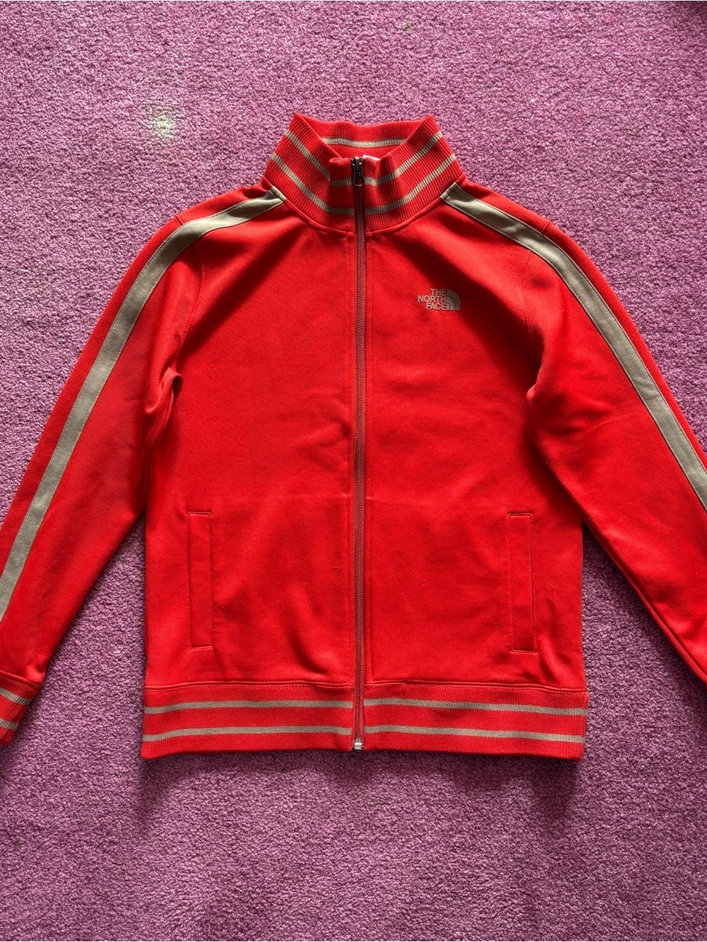 The North Face Red Track Jacket with Beige Contrast Stripes
